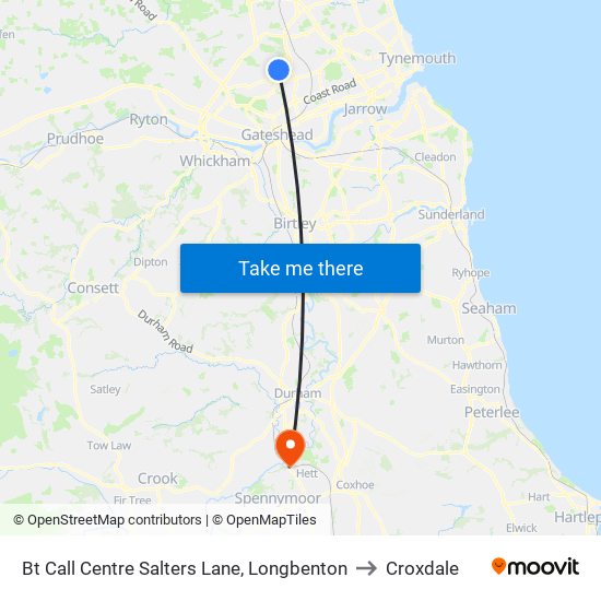 Bt Call Centre Salters Lane, Longbenton to Croxdale map