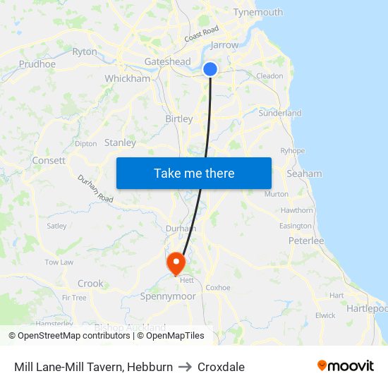 Mill Lane-Mill Tavern, Hebburn to Croxdale map