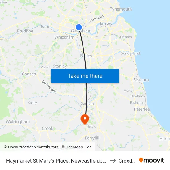 Haymarket St Mary's Place, Newcastle upon Tyne to Croxdale map