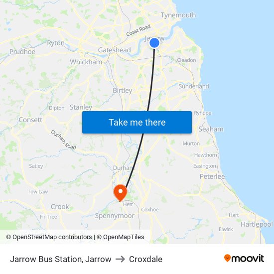 Jarrow Bus Station, Jarrow to Croxdale map