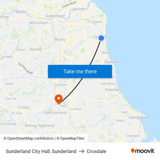 Sunderland City Hall, Sunderland to Croxdale map