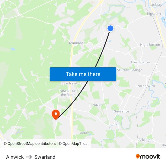 Alnwick to Swarland map