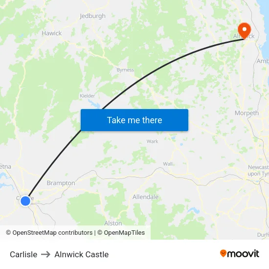 Carlisle to Alnwick Castle map