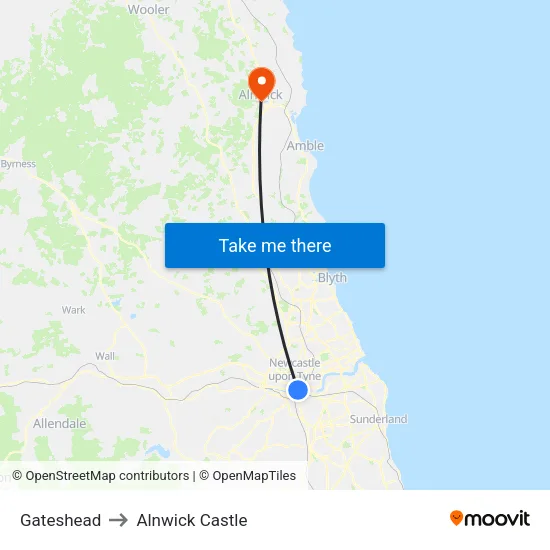 Gateshead to Alnwick Castle map