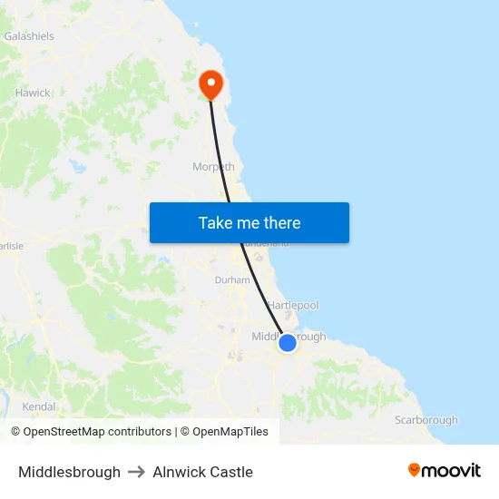 Middlesbrough to Alnwick Castle map
