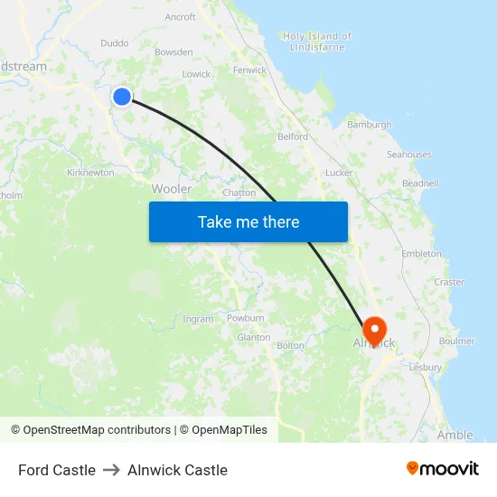 Ford Castle to Alnwick Castle map
