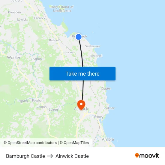Bamburgh Castle to Alnwick Castle map