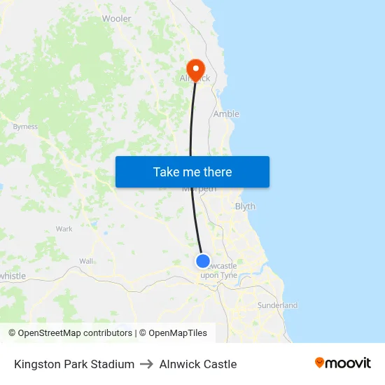 Kingston Park Stadium to Alnwick Castle map