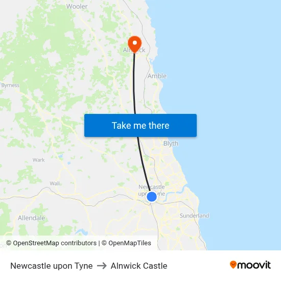 Newcastle upon Tyne to Alnwick Castle map