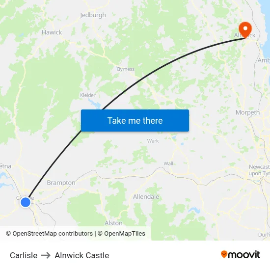 Carlisle to Alnwick Castle map