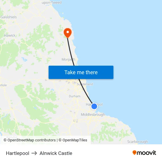 Hartlepool to Alnwick Castle map