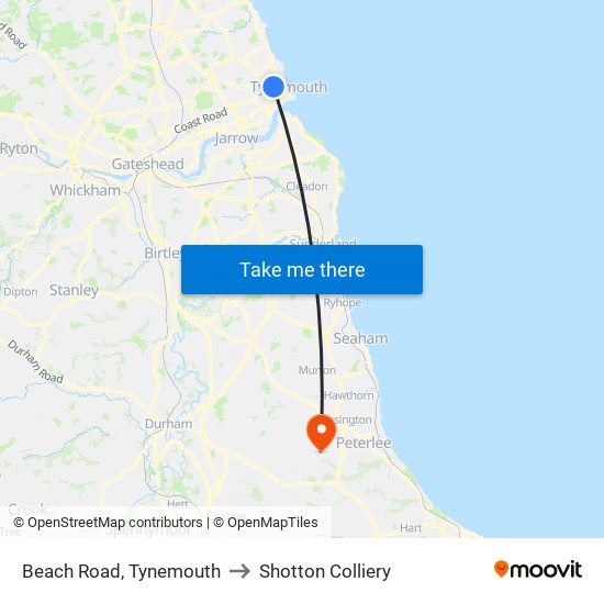 Beach Road, Tynemouth to Shotton Colliery map