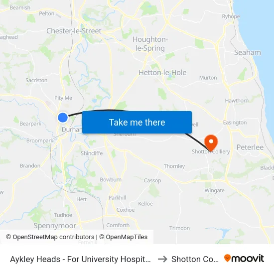 Aykley Heads - For University Hospital, Durham to Shotton Colliery map