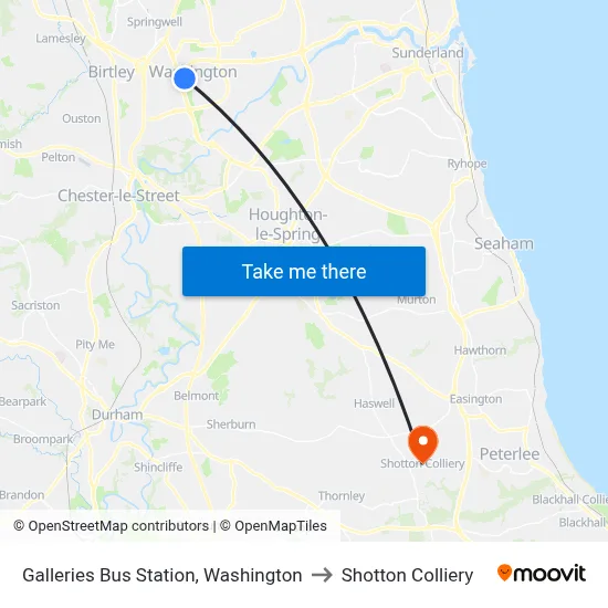 Galleries Bus Station, Washington to Shotton Colliery map