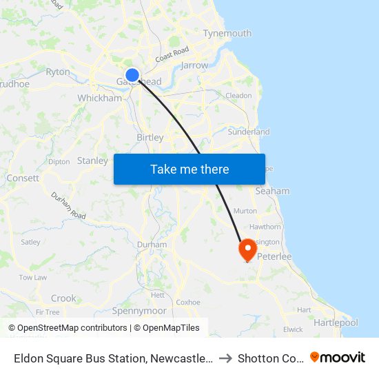 Eldon Square Bus Station, Newcastle upon Tyne to Shotton Colliery map