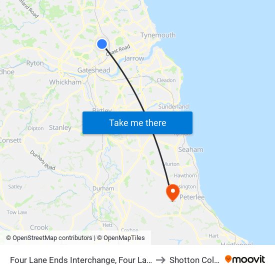 Four Lane Ends Interchange, Four Lane Ends to Shotton Colliery map