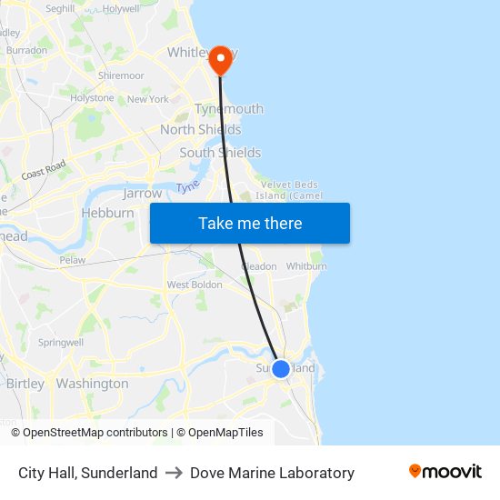 City Hall, Sunderland to Dove Marine Laboratory map