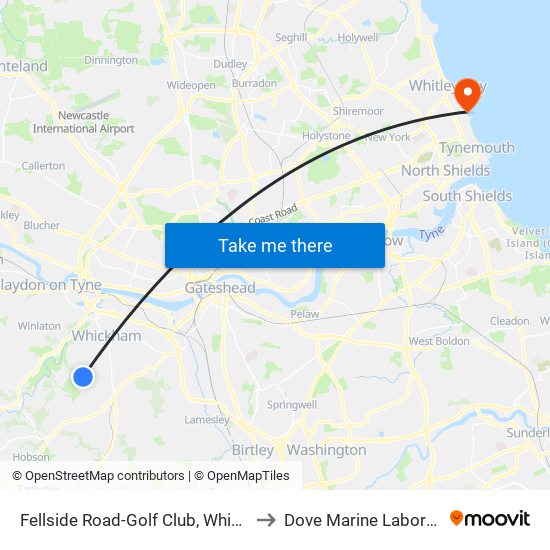 Fellside Road-Golf Club, Whickham to Dove Marine Laboratory map