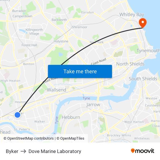 Byker to Dove Marine Laboratory map