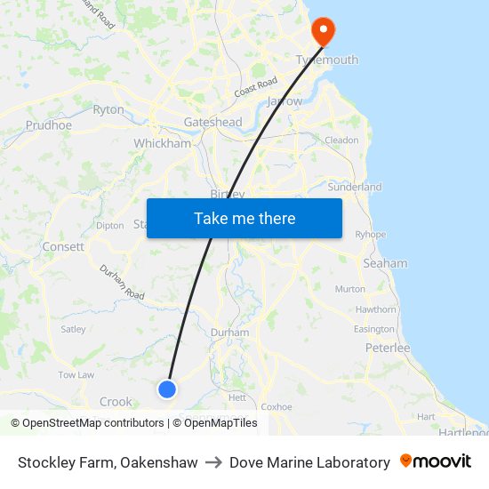 Stockley Farm, Oakenshaw to Dove Marine Laboratory map