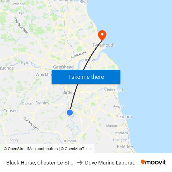 Black Horse, Chester-Le-Street to Dove Marine Laboratory map