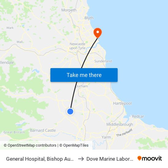 General Hospital, Bishop Auckland to Dove Marine Laboratory map