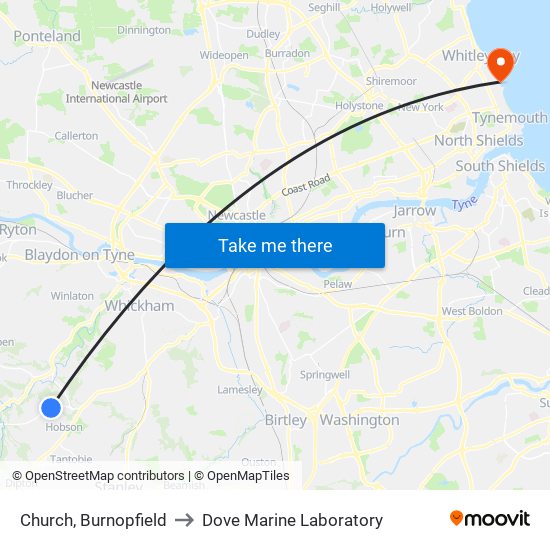 Church, Burnopfield to Dove Marine Laboratory map