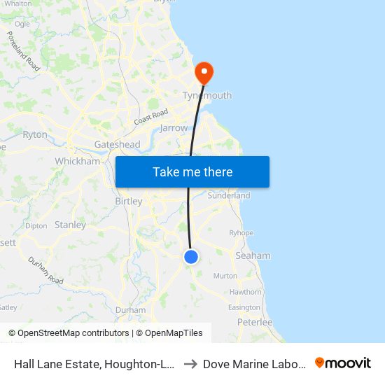 Hall Lane Estate, Houghton-Le-Spring to Dove Marine Laboratory map