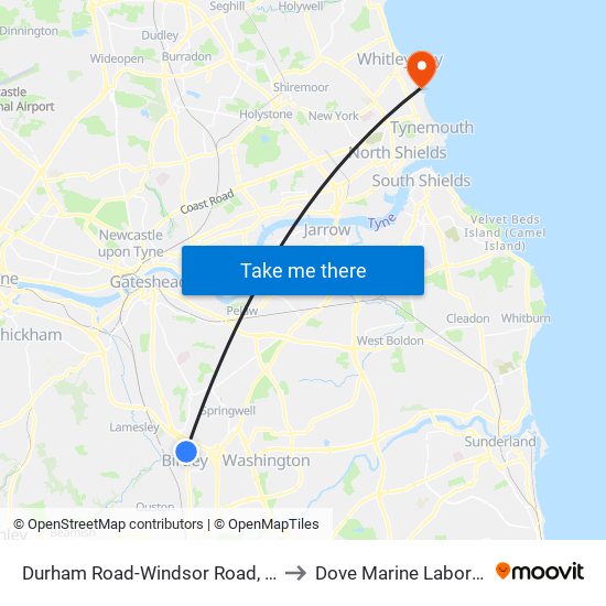 Durham Road-Windsor Road, Birtley to Dove Marine Laboratory map