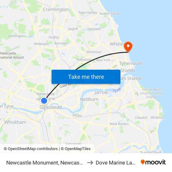 Newcastle Monument, Newcastle upon Tyne to Dove Marine Laboratory map