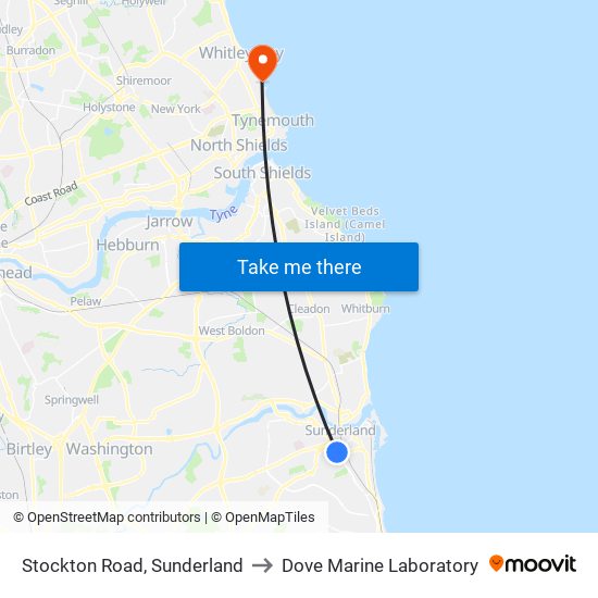 Stockton Road, Sunderland to Dove Marine Laboratory map