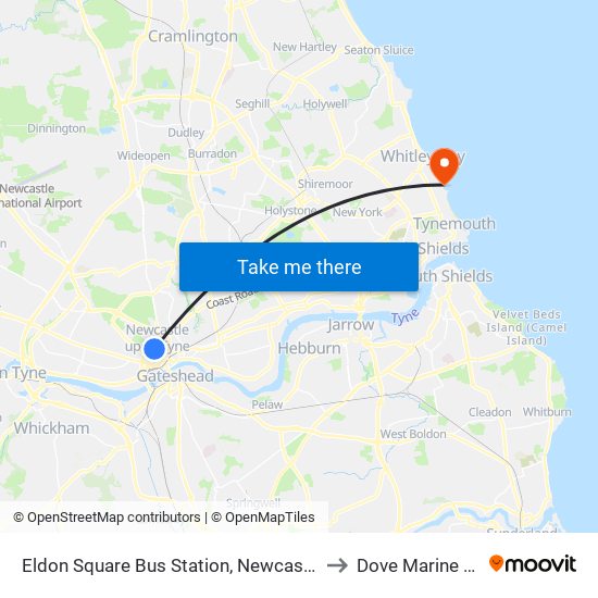 Eldon Square Bus Station, Newcastle Upon Tyne (Stand E) to Dove Marine Laboratory map