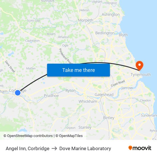 Angel Inn, Corbridge to Dove Marine Laboratory map