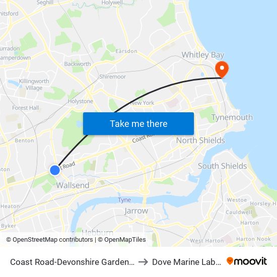 Coast Road-Devonshire Gardens, Wallsend to Dove Marine Laboratory map