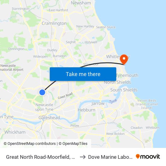 Great North Road-Moorfield, Gosforth to Dove Marine Laboratory map