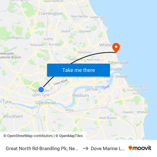 Great North Rd-Brandling Pk, Newcastle upon Tyne to Dove Marine Laboratory map