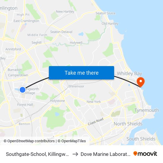 Southgate-School, Killingworth to Dove Marine Laboratory map