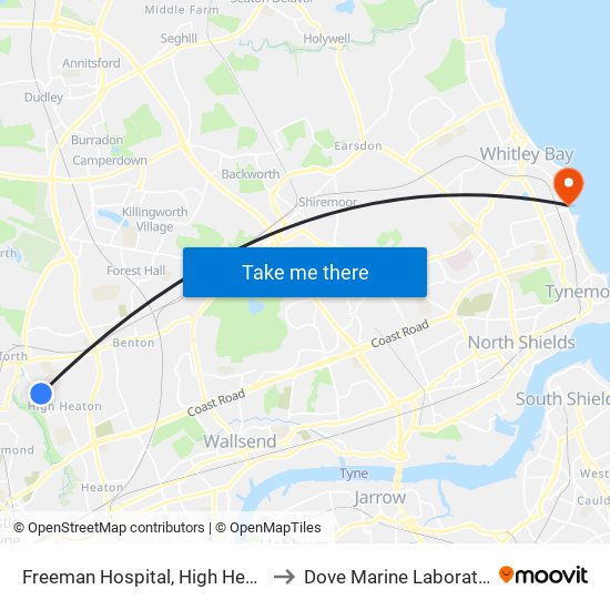 Freeman Hospital, High Heaton to Dove Marine Laboratory map