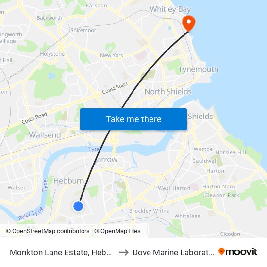 Monkton Lane Estate, Hebburn to Dove Marine Laboratory map