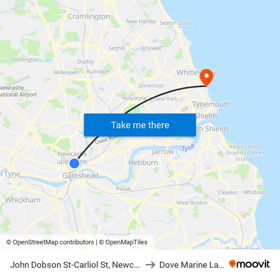 John Dobson St-Carliol St, Newcastle upon Tyne to Dove Marine Laboratory map