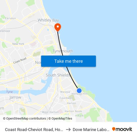 Coast Road-Cheviot Road, Horsley Hill to Dove Marine Laboratory map