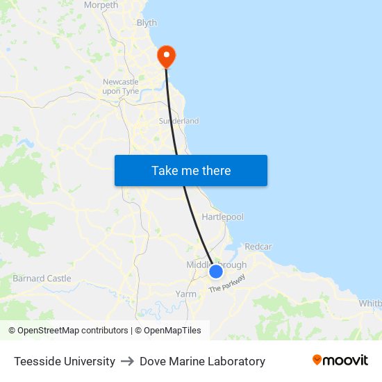 Teesside University to Dove Marine Laboratory map