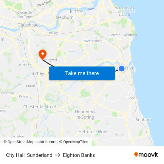 City Hall, Sunderland to Eighton Banks map