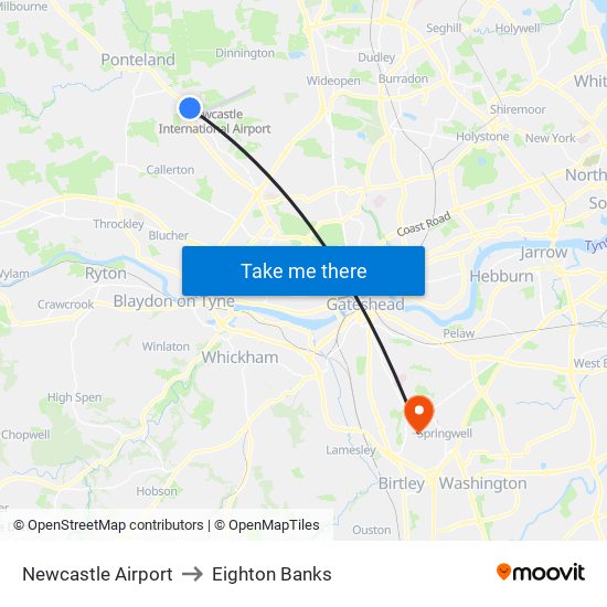 Newcastle Airport to Eighton Banks map