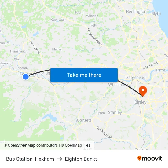 Bus Station, Hexham to Eighton Banks map