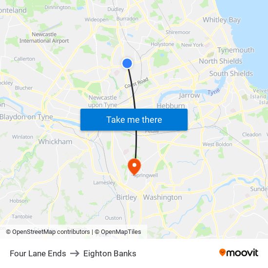 Four Lane Ends to Eighton Banks map