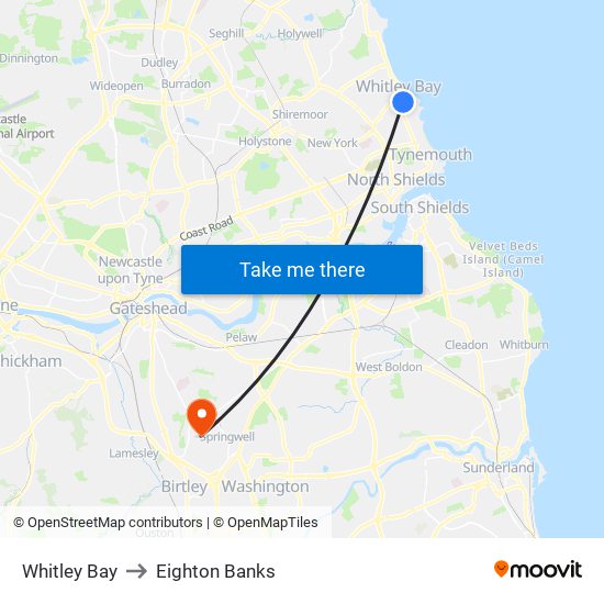 Whitley Bay to Eighton Banks map