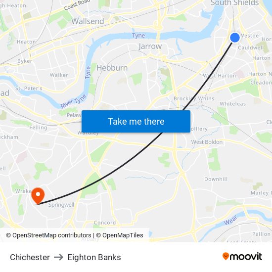 Chichester to Eighton Banks map