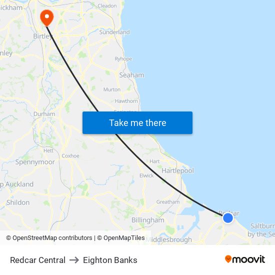 Redcar Central to Eighton Banks map