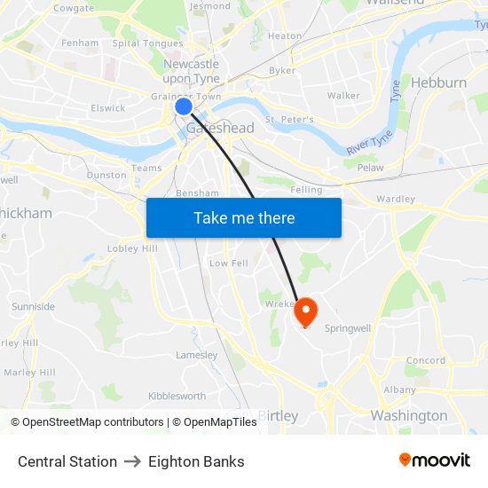 Central Station to Eighton Banks map